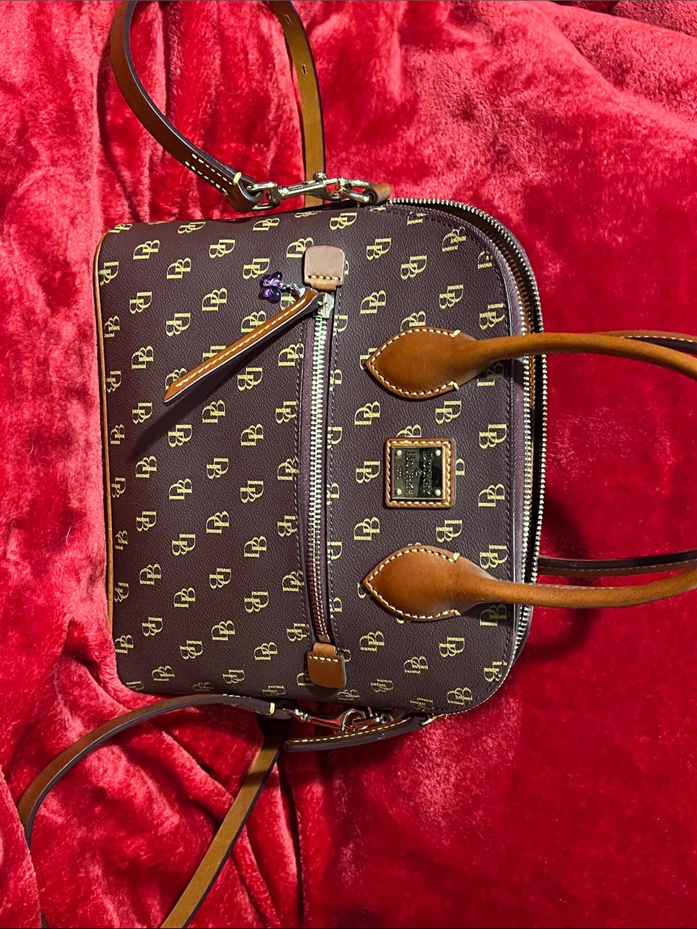 Dooney & Bourke Brown Monogram Messenger Bag with Tan Leather Trim